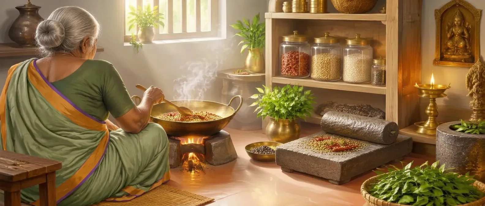 An elderly grandmother roasting spices in a heavy brass vessel in a traditional South Indian home kitchen